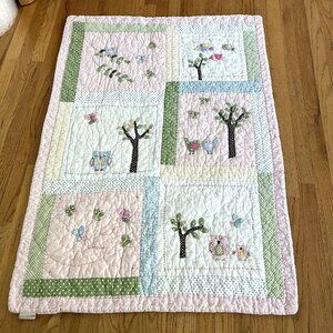 POTTERY BARN KIDS Hayley Patchwork Baby Crib Blanket Quilt Owls Birds Pink Green